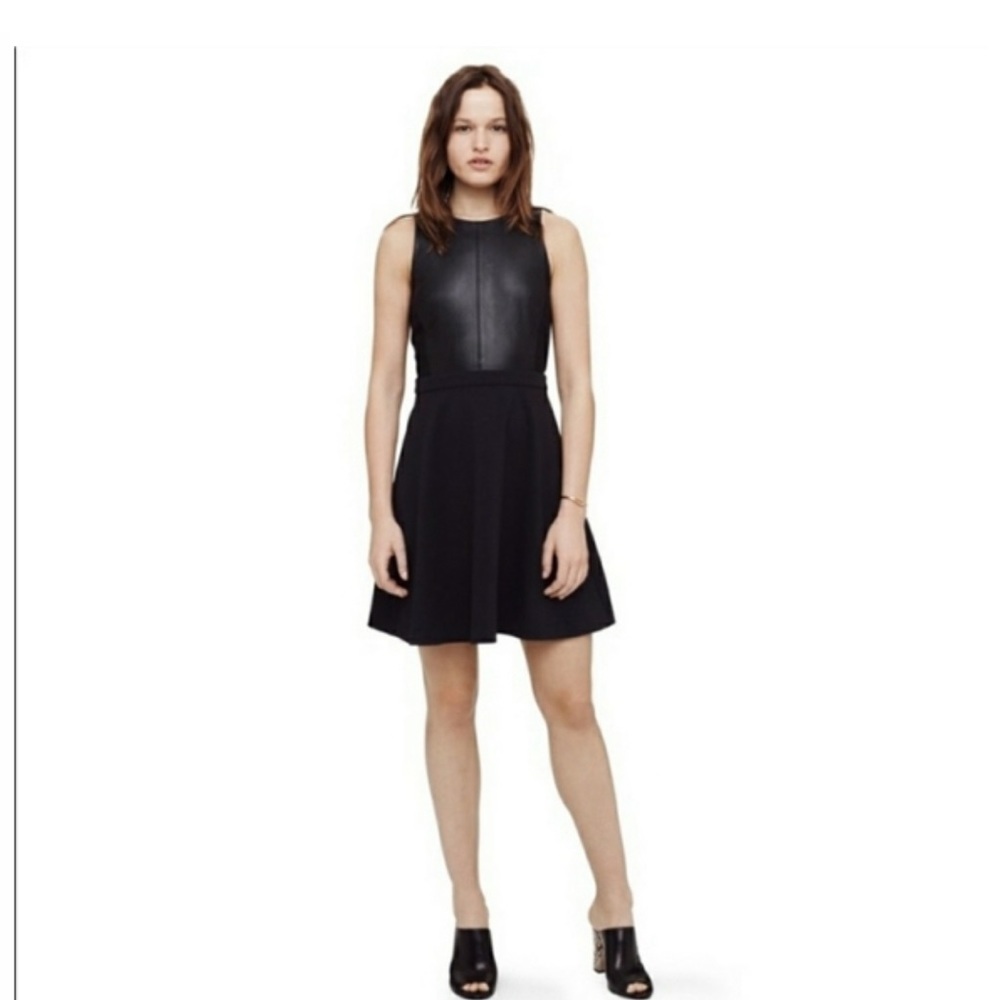 Club Monaco black leather/knit fit and flare dress